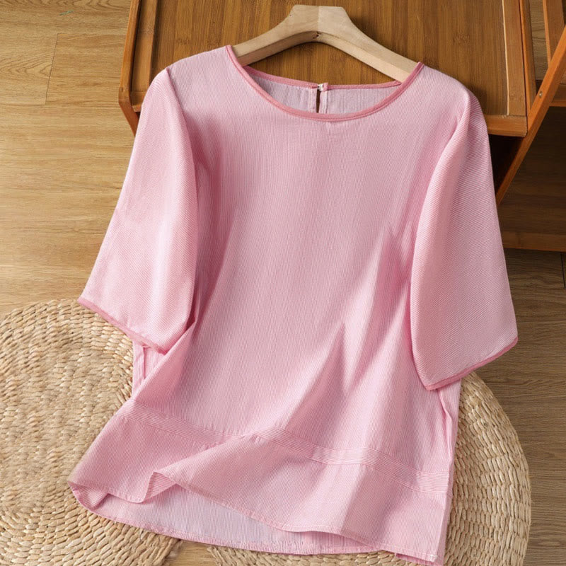 Buddha Stones Pullover Stripes Crew Neck Design Women's Cotton Short Sleeves Shirt - LightPink - US8-10，UK/AU12-14，EU40-42 (2XL) - image 7
