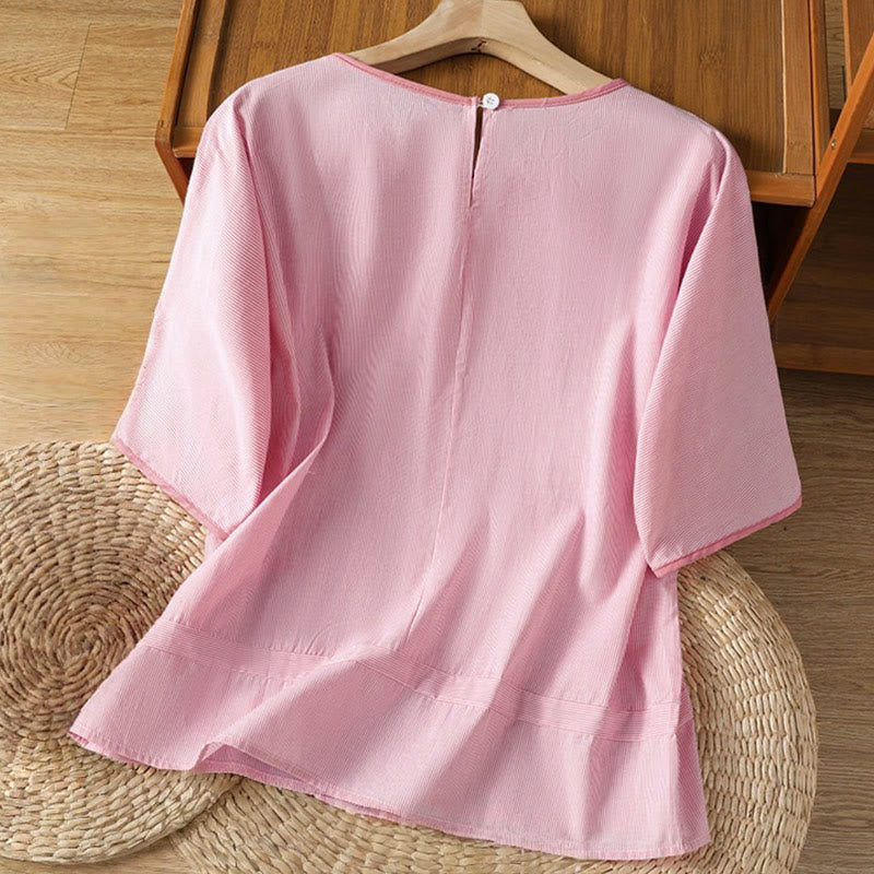 Buddha Stones Pullover Stripes Crew Neck Design Women's Cotton Short Sleeves Shirt - image 8