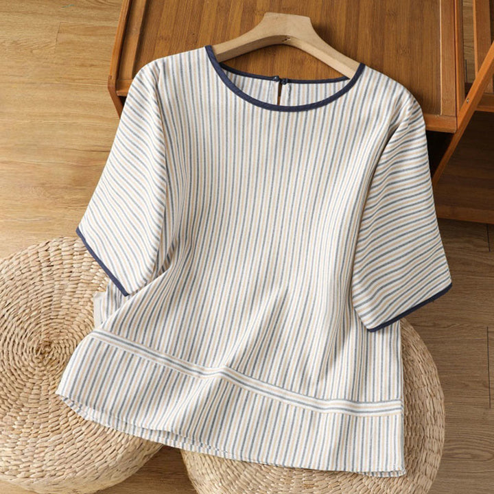 Buddha Stones Pullover Stripes Crew Neck Design Women's Cotton Short Sleeves Shirt - White - US8-10，UK/AU12-14，EU40-42 (2XL) - image 13