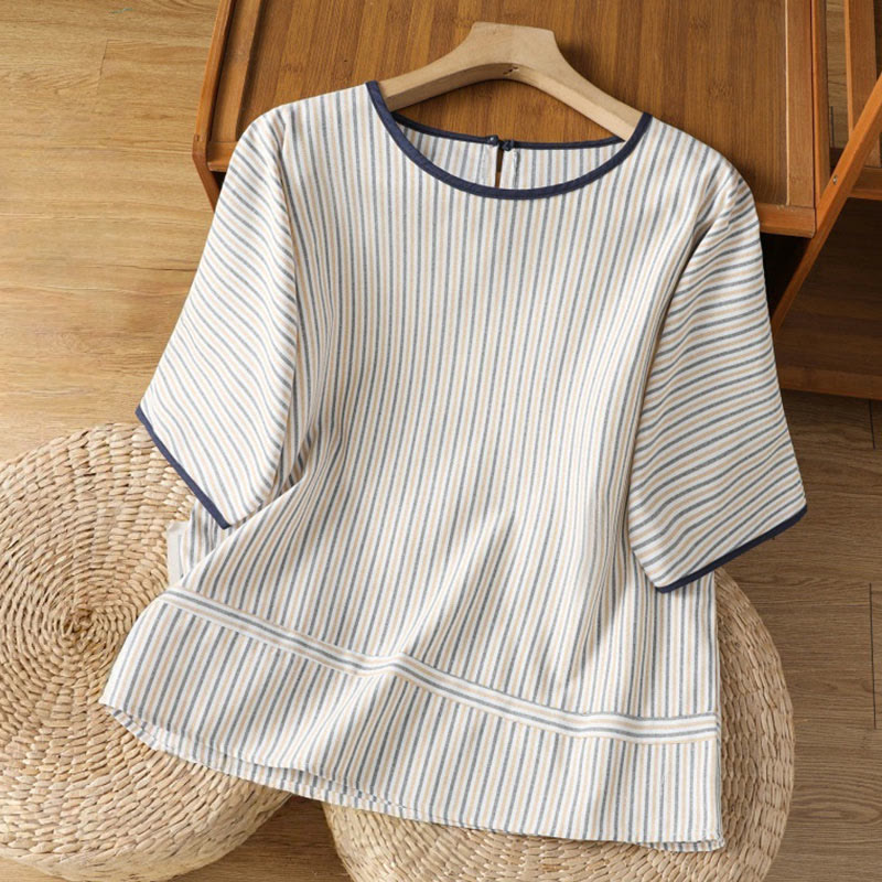 Buddha Stones Pullover Stripes Crew Neck Design Women's Cotton Short Sleeves Shirt - White - US8-10，UK/AU12-14，EU40-42 (2XL) - image 14