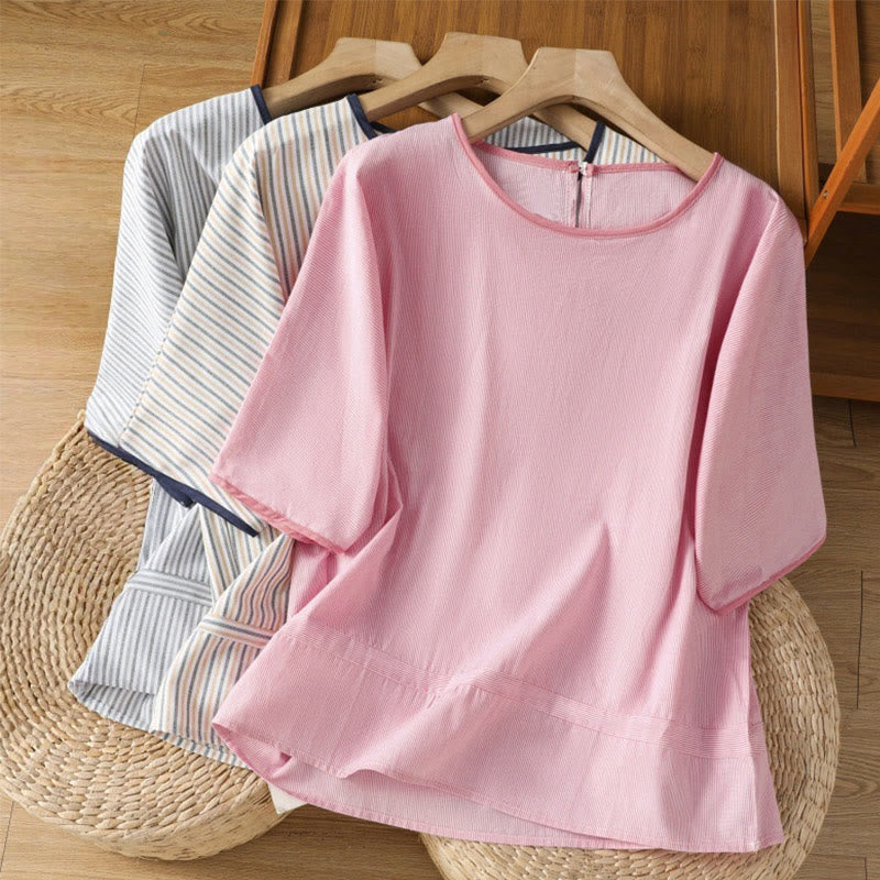 Buddha Stones Pullover Stripes Crew Neck Design Women's Cotton Short Sleeves Shirt - image 21