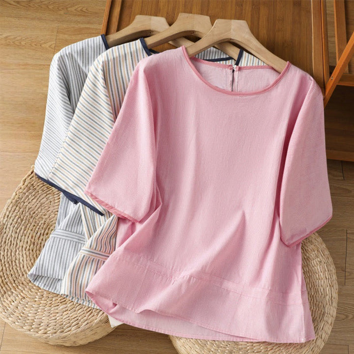 Buddha Stones Pullover Stripes Crew Neck Design Women's Cotton Short Sleeves Shirt - image 21
