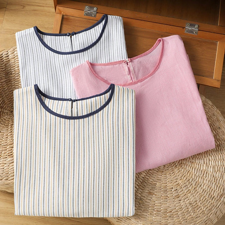 Buddha Stones Pullover Stripes Crew Neck Design Women's Cotton Short Sleeves Shirt - image 20