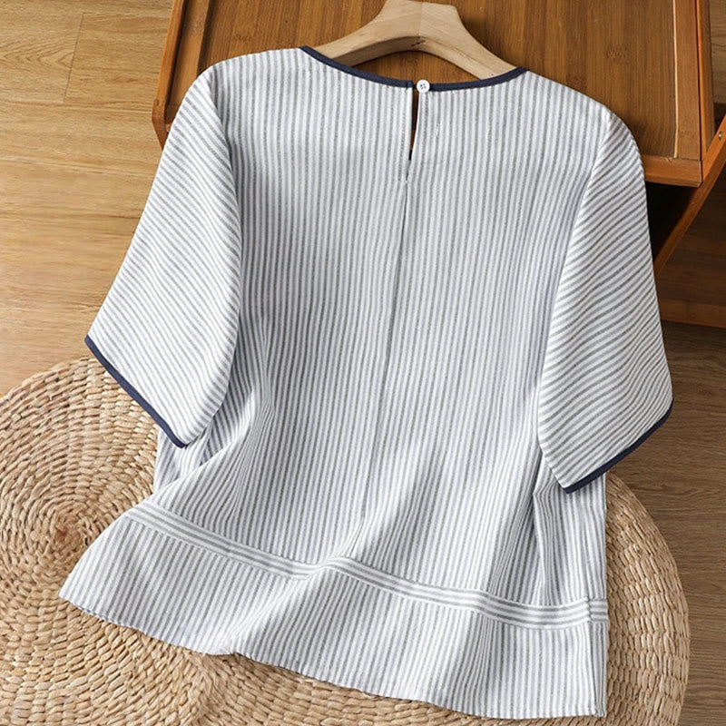 Buddha Stones Pullover Stripes Crew Neck Design Women's Cotton Short Sleeves Shirt - image 2