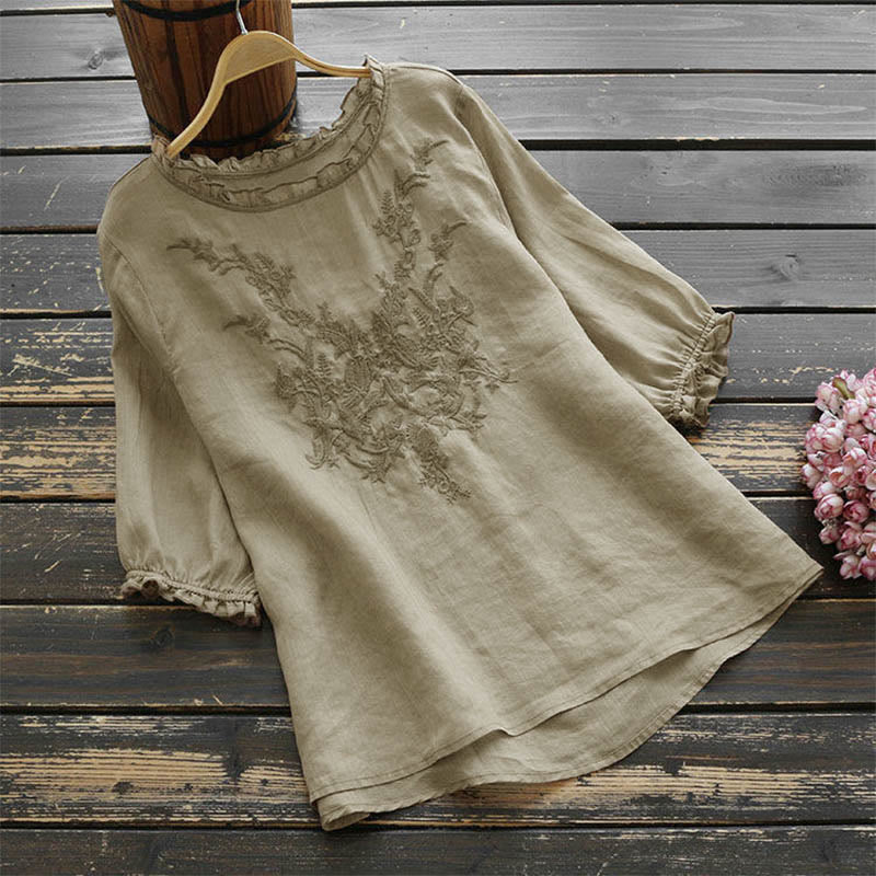 Buddha Stones Women's Flower Embroidery Design Crew Neck T-shirt Tee - BurlyWood - US14，UK/AU18，EU46 (4XL) - image 0