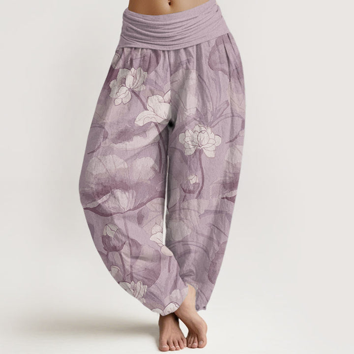 Buddha Stones Pure Cotton Lotus Design Women's Elastic Waist Harem Pants - Plum - US22，UK/AU26，EU54 (6XL) - image 6