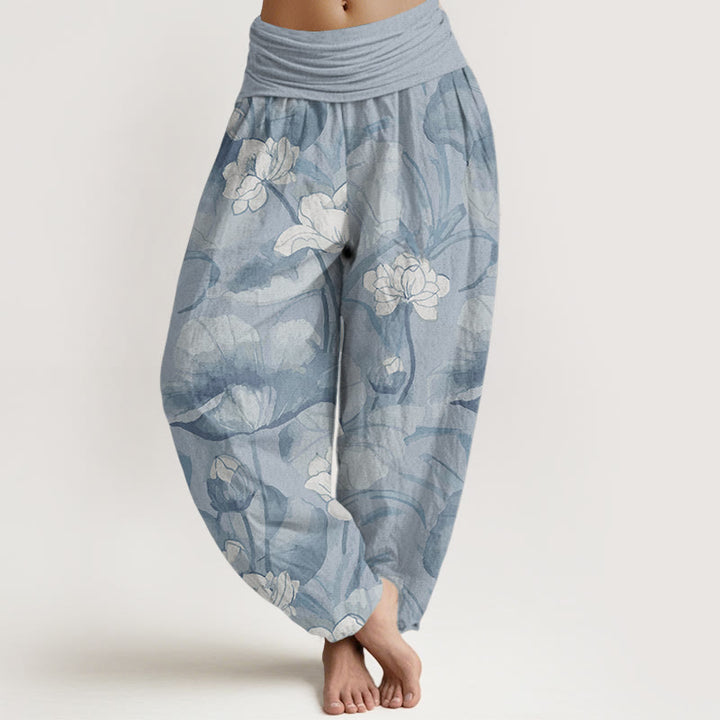 Buddha Stones Pure Cotton Lotus Design Women's Elastic Waist Harem Pants - LightSteelBlue - US22，UK/AU26，EU54 (6XL) - image 0