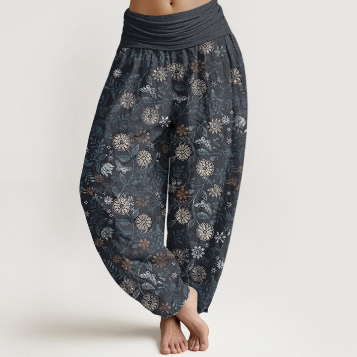 Buddha Stones Pure Cotton Casual New York Aster Flowers Leaves Design Women's Elastic Waist Harem Pants - SteelBlue - US22，UK/AU26，EU54 (6XL) - image 0