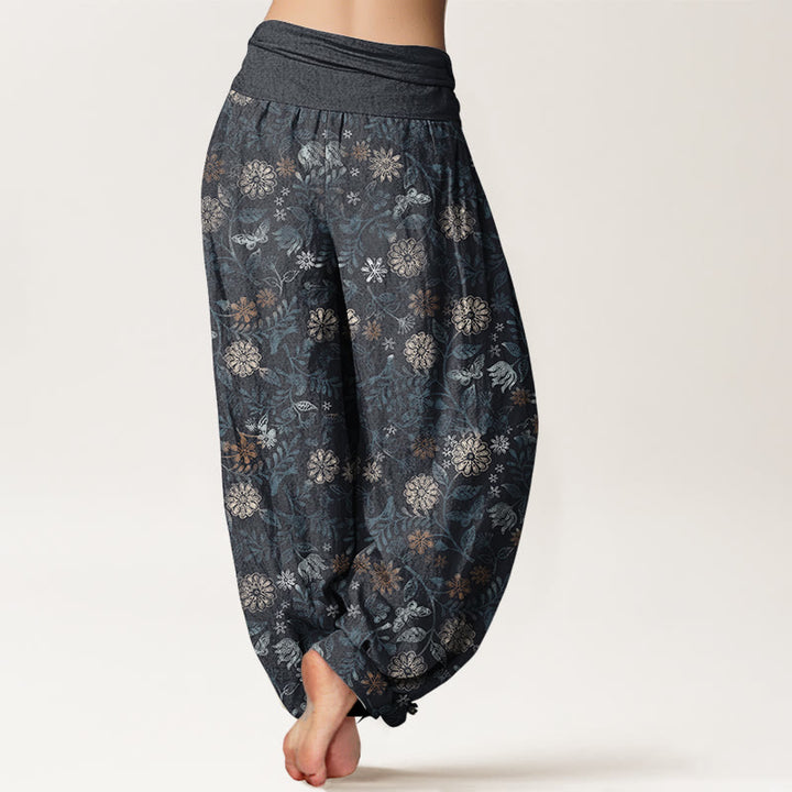 Buddha Stones Pure Cotton Casual New York Aster Flowers Leaves Design Women's Elastic Waist Harem Pants - image 1