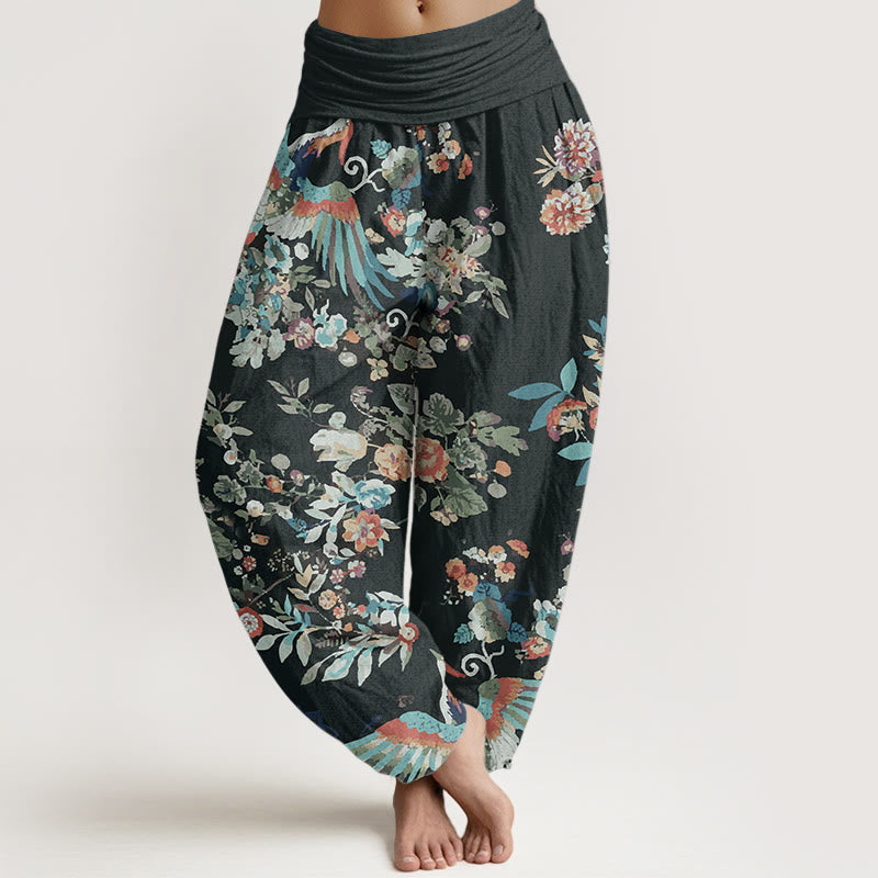Buddha Stones Pure Cotton Colorful Flowers Birds Leaves Pattern Women's Elastic Waist Harem Pants - Black - US22，UK/AU26，EU54 (6XL) - image 0