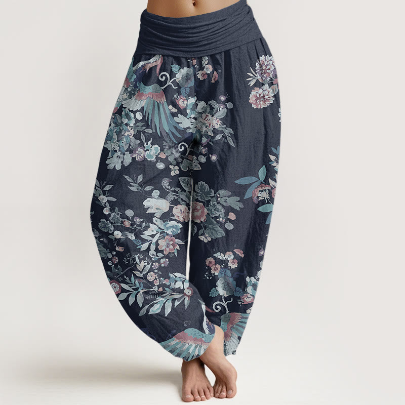 Buddha Stones Pure Cotton Colorful Flowers Birds Leaves Pattern Women's Elastic Waist Harem Pants - DarkBlue - US22，UK/AU26，EU54 (6XL) - image 5