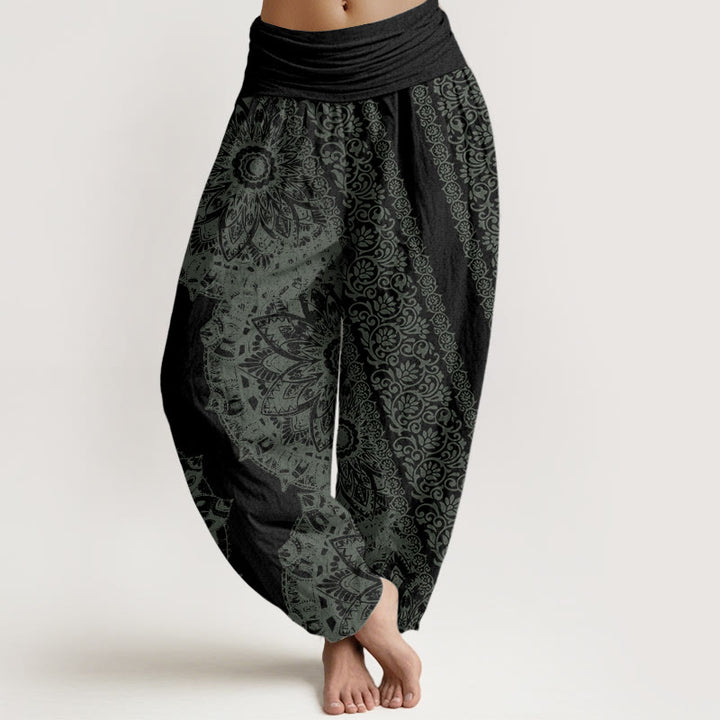 Buddha Stones Pure Cotton Mandala Pattern Parallel Flowers Women's Elastic Waist Harem Pants - Black - US22，UK/AU26，EU54 (6XL) - image 9