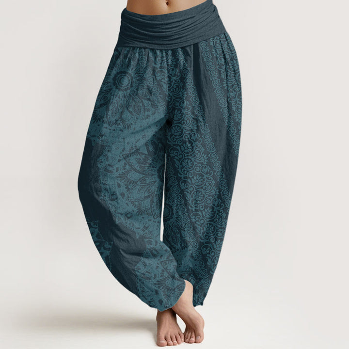Buddha Stones Pure Cotton Mandala Pattern Parallel Flowers Women's Elastic Waist Harem Pants - DarkCyan - US22，UK/AU26，EU54 (6XL) - image 6