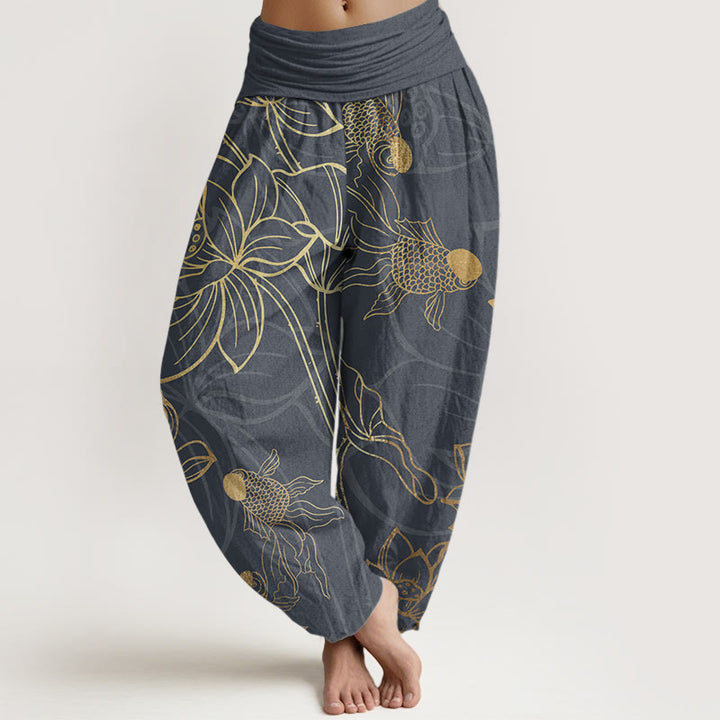 Buddha Stones Pure Cotton Lotus Leaf Koi Fish Women's Elastic Waist Harem Pants - DimGray - US22，UK/AU26，EU54 (6XL) - image 0