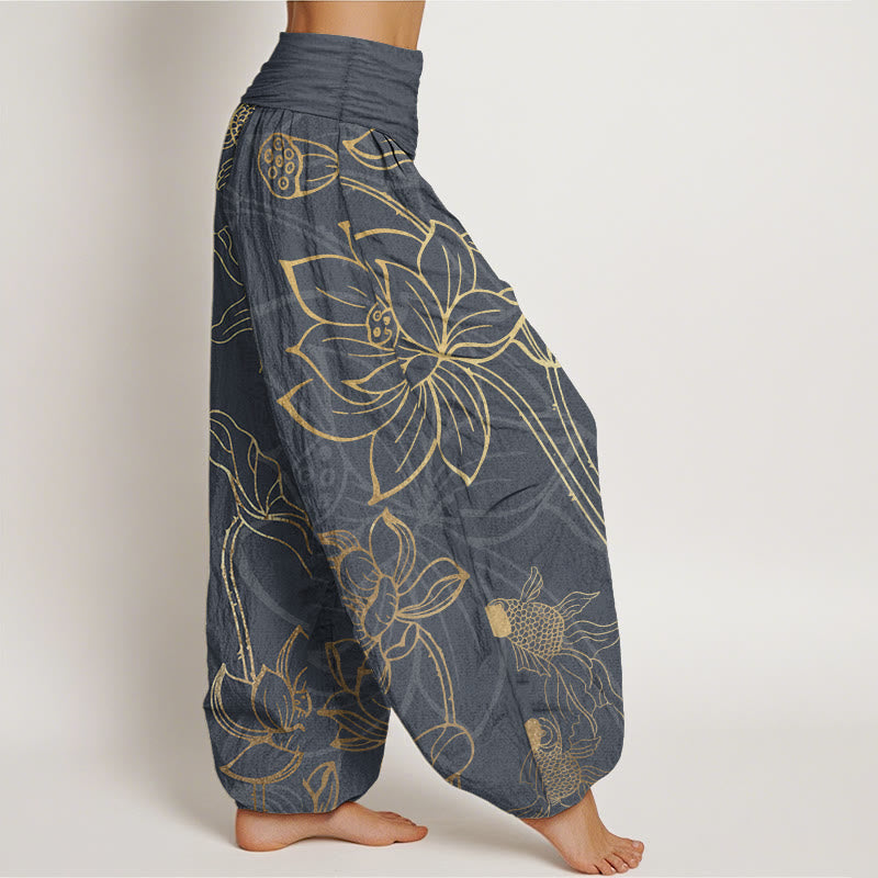 Buddha Stones Pure Cotton Lotus Leaf Koi Fish Women's Elastic Waist Harem Pants - image 2