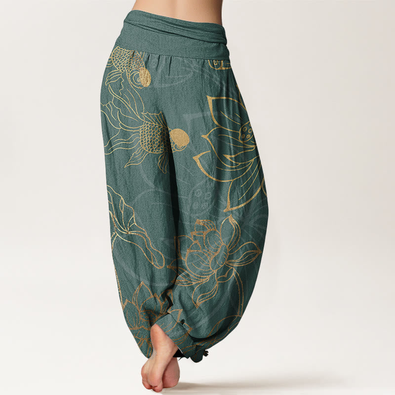 Buddha Stones Pure Cotton Lotus Leaf Koi Fish Women's Elastic Waist Harem Pants - image 1