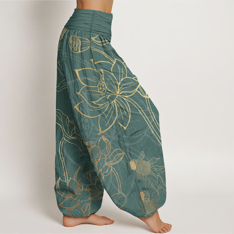 Buddha Stones Pure Cotton Lotus Leaf Koi Fish Women's Elastic Waist Harem Pants - image 11