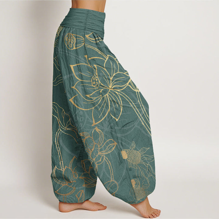 Buddha Stones Pure Cotton Lotus Leaf Koi Fish Women's Elastic Waist Harem Pants - image 11