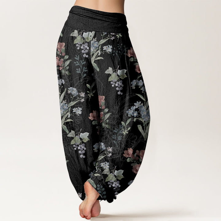 Buddha Stones Pure Cotton Red Blue Flowers Green Leaves Design Women's Elastic Waist Harem Pants - image 6