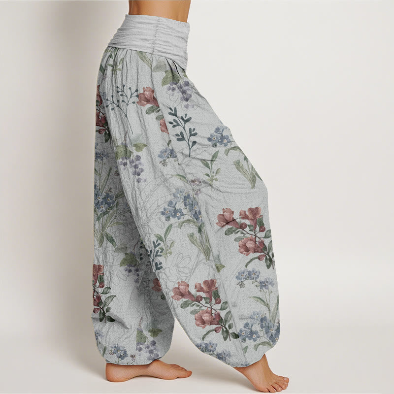 Buddha Stones Pure Cotton Red Blue Flowers Green Leaves Design Women's Elastic Waist Harem Pants - image 10