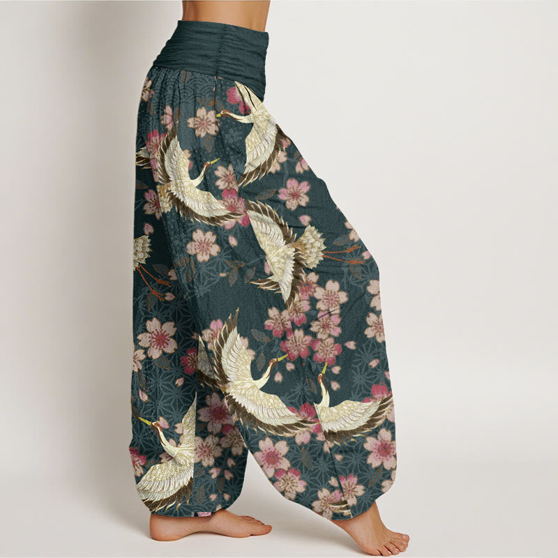 Buddha Stones Pure Cotton Crane Peach Blossom Pattern Women's Elastic Waist Harem Pants - image 2