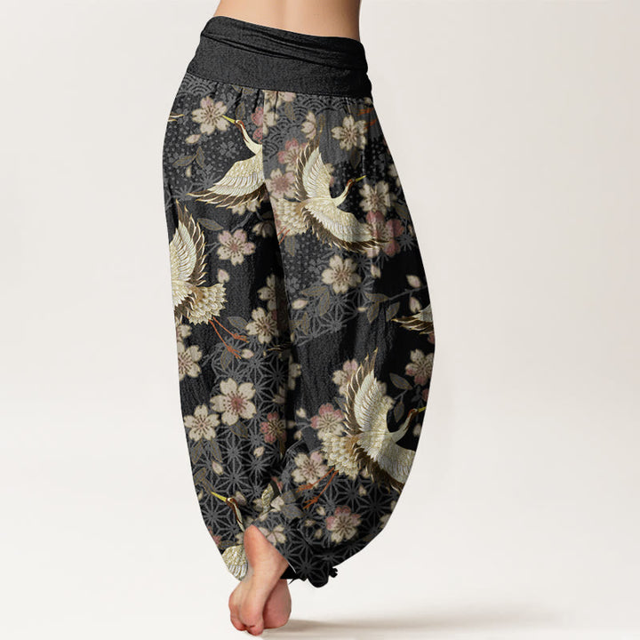 Buddha Stones Pure Cotton Crane Peach Blossom Pattern Women's Elastic Waist Harem Pants - image 9