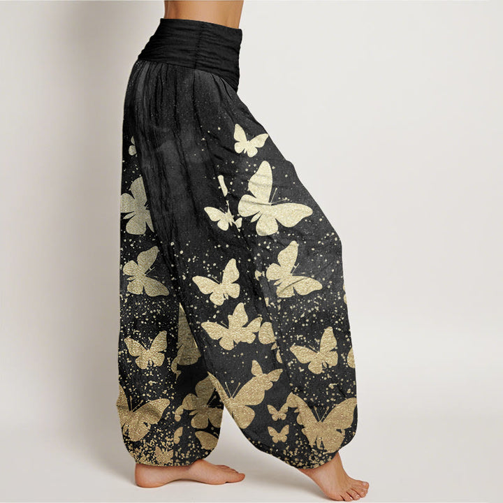 Buddha Stones Pure Cotton Casual Golden Butterfly Pattern Women's Elastic Waist Harem Pants - image 11