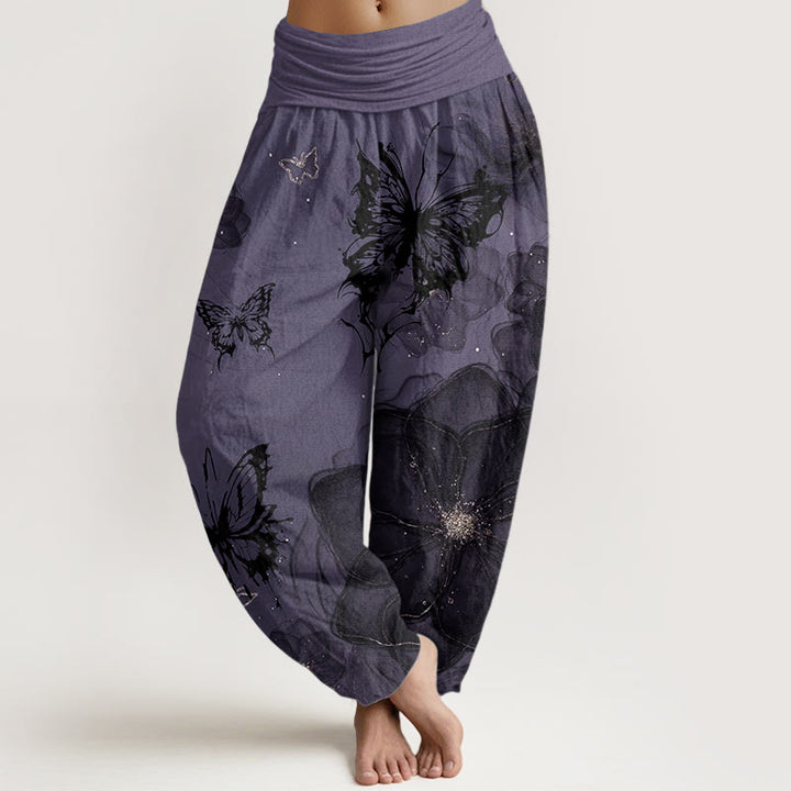 Buddha Stones Pure Cotton Butterfly Flowers Pattern Women's Elastic Waist Harem Pants - DarkViolet - US22，UK/AU26，EU54 (6XL) - image 0