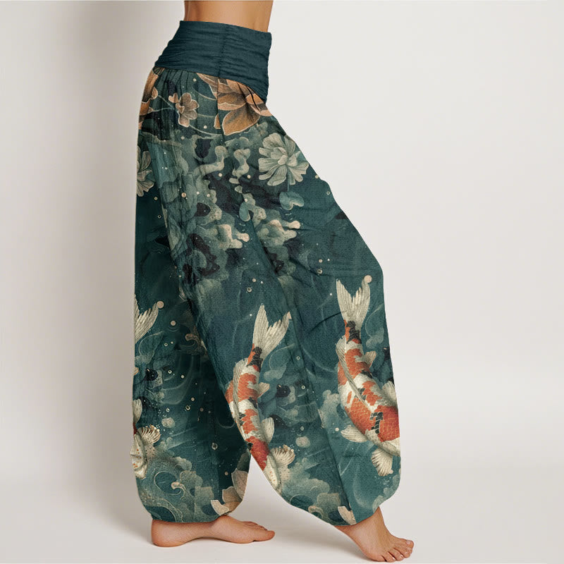 Buddha Stones Pure Cotton Colorful Koi Fish Lotus Flowers Design Women's Elastic Waist Harem Pants