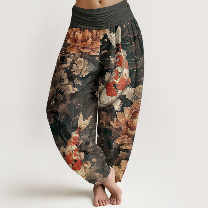 Buddha Stones Pure Cotton Colorful Koi Fish Lotus Flowers Design Women's Elastic Waist Harem Pants - Tan - US22，UK/AU26，EU54 (6XL) - image 6