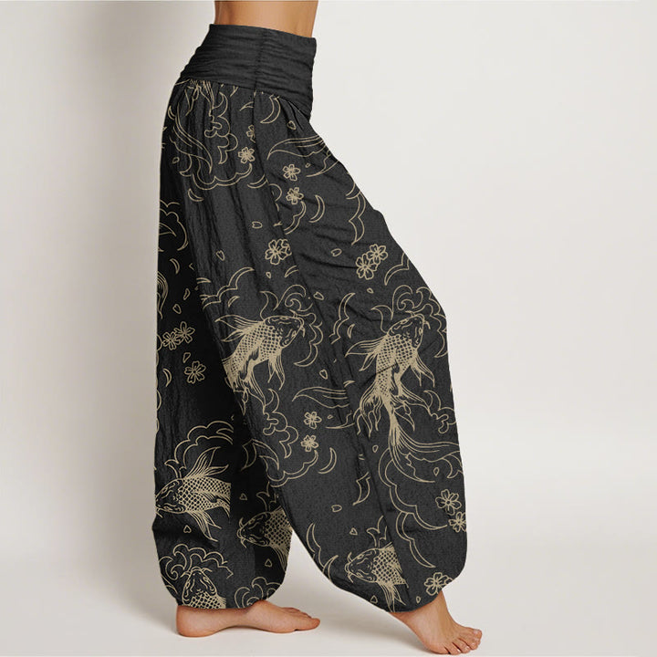 Buddha Stones Pure Cotton Casual Koi Fish Waves And Petal Line Pattern Women's Elastic Waist Harem Pants - image 2