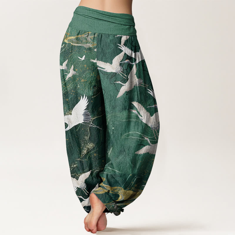 Buddha Stones Pure Cotton Flying White Cranes Auspicious Clouds Design Women's Elastic Waist Harem Pants - image 1
