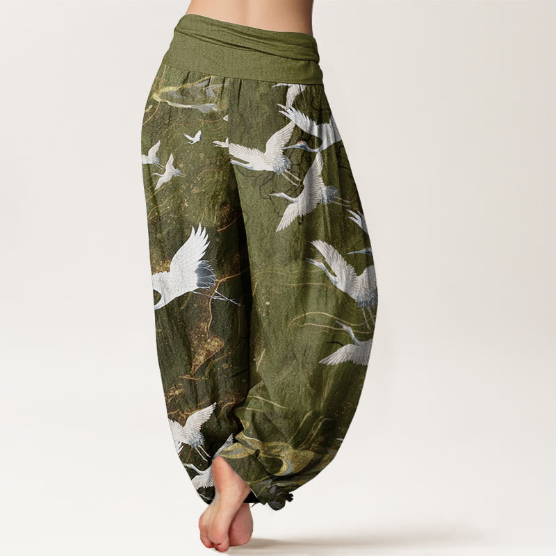 Buddha Stones Pure Cotton Flying White Cranes Auspicious Clouds Design Women's Elastic Waist Harem Pants
