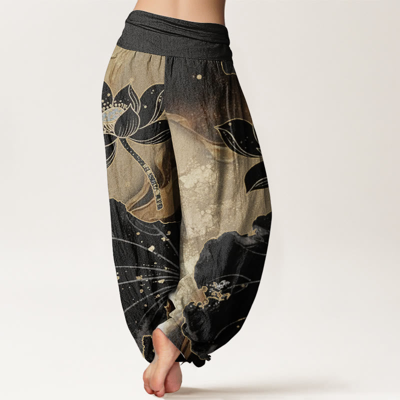 Buddha Stones Pure Cotton Casual Lotus Petal Pattern Women's Elastic Waist Harem Pants - image 1