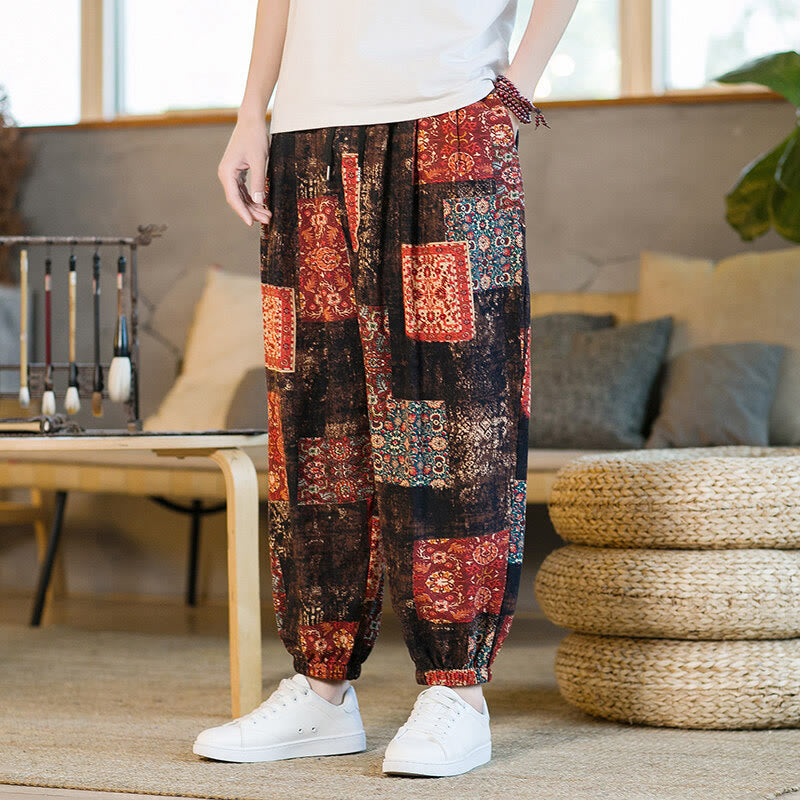 Buddha Stones Summer Square Patchwork Cotton Linen Men's Ankle-Length Harem Pants With Pockets - RosyBrown - US/UK/AU46，EU56 (5XL) - image 0