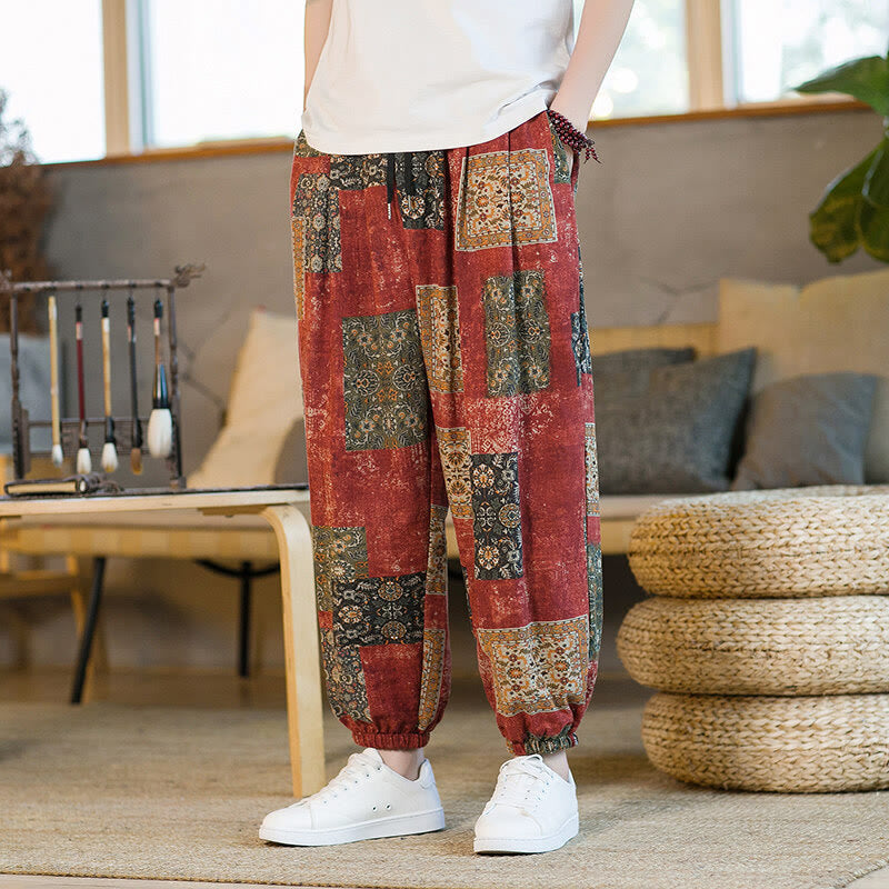 Buddha Stones Summer Square Patchwork Cotton Linen Men's Ankle-Length Harem Pants With Pockets - Red - US/UK/AU46，EU56 (5XL) - image 9