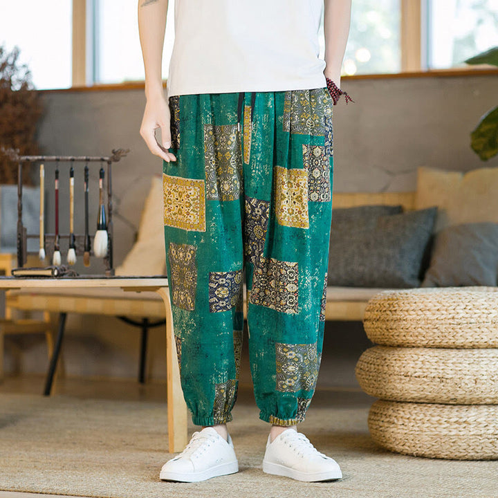Buddha Stones Summer Square Patchwork Men's Ankle-Length Harem Pants With Pockets - image 19