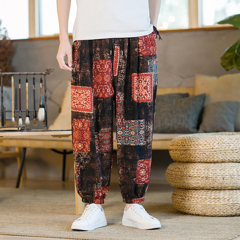 Buddha Stones Summer Square Patchwork Men's Ankle-Length Harem Pants With Pockets - image 1