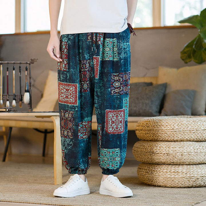 Buddha Stones Summer Square Patchwork Men's Ankle-Length Harem Pants With Pockets - image 32