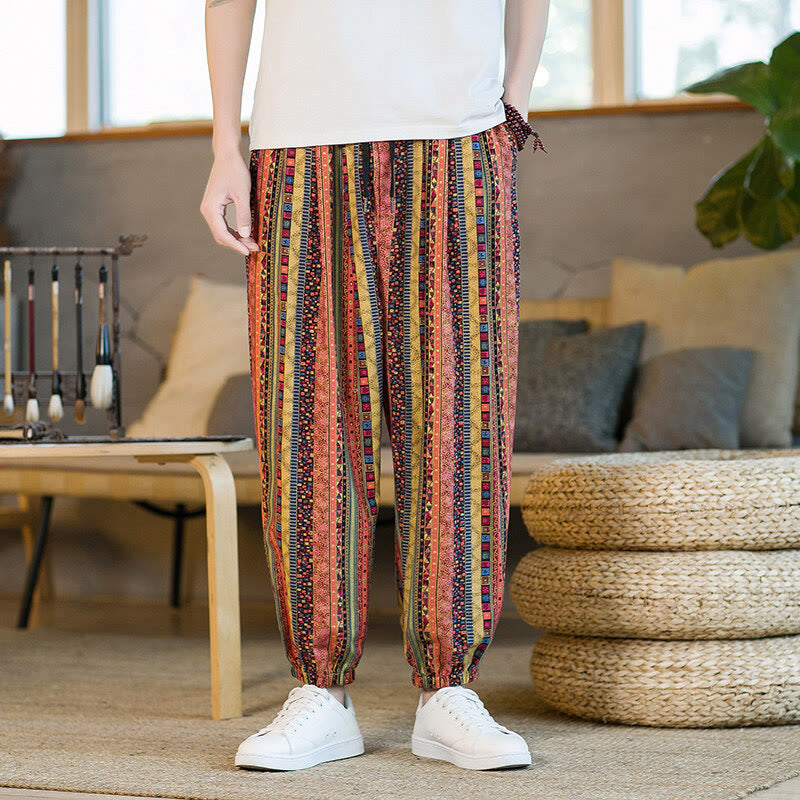 Buddha Stones Colorful Stripes Cotton Linen Men's Ankle-Length Harem Pants With Pockets - DarkSalmon - US/UK/AU46，EU56 (5XL) - image 10