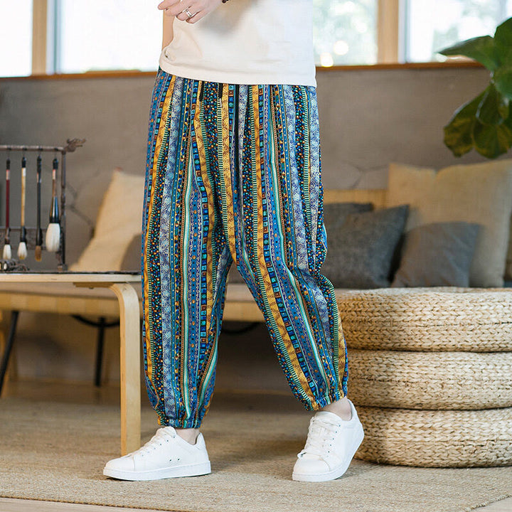 Buddha Stones Colorful Stripes Cotton Linen Men's Ankle-Length Harem Pants With Pockets - SkyBlue - US/UK/AU46，EU56 (5XL) - image 0