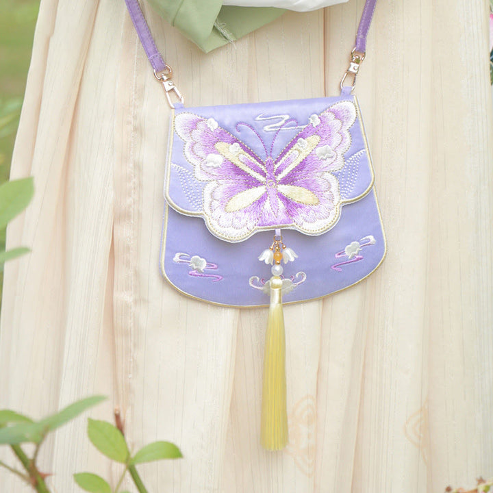 Buddha Stones Luck Embroidery Lotus Koi Fish Rabbit Flower Hanfu Bag Crossbody Bag Shoulder Bag - Purple Butterfly - image 23