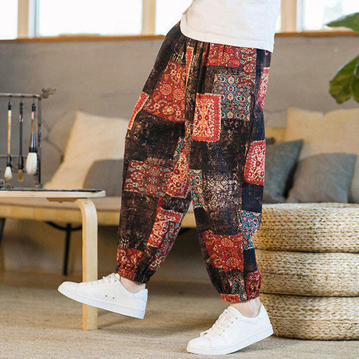 Buddha Stones Summer Square Patchwork Cotton Linen Men's Ankle-Length Harem Pants With Pockets - image 7