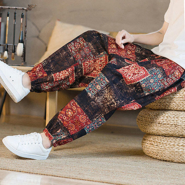 Buddha Stones Summer Square Patchwork Men's Ankle-Length Harem Pants With Pockets - image 6