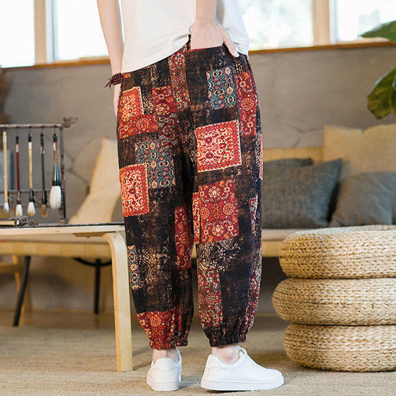 Buddha Stones Summer Square Patchwork Cotton Linen Men's Ankle-Length Harem Pants With Pockets - image 3