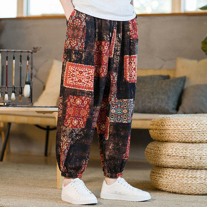 Buddha Stones Summer Square Patchwork Men's Ankle-Length Harem Pants With Pockets - image 4