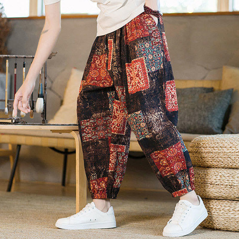 Buddha Stones Summer Square Patchwork Men's Ankle-Length Harem Pants With Pockets - image 5