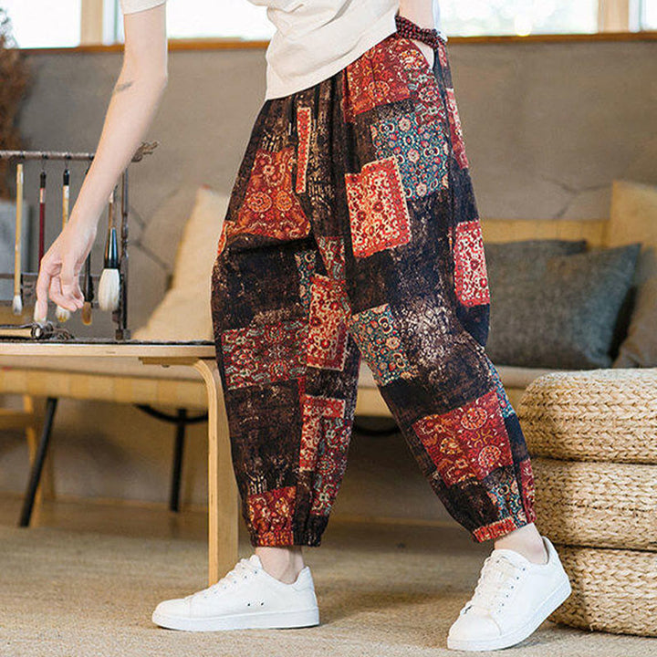 Buddha Stones Summer Square Patchwork Men's Ankle-Length Harem Pants With Pockets - image 5