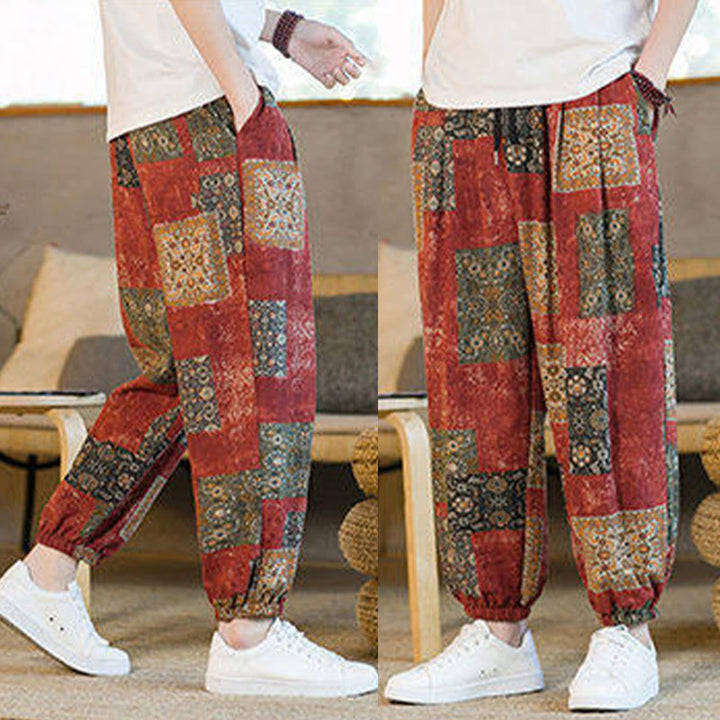 Buddha Stones Summer Square Patchwork Cotton Linen Men's Ankle-Length Harem Pants With Pockets - image 17