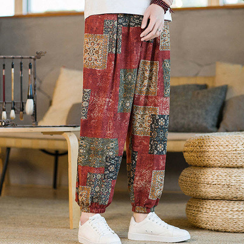 Buddha Stones Summer Square Patchwork Cotton Linen Men's Ankle-Length Harem Pants With Pockets - image 12